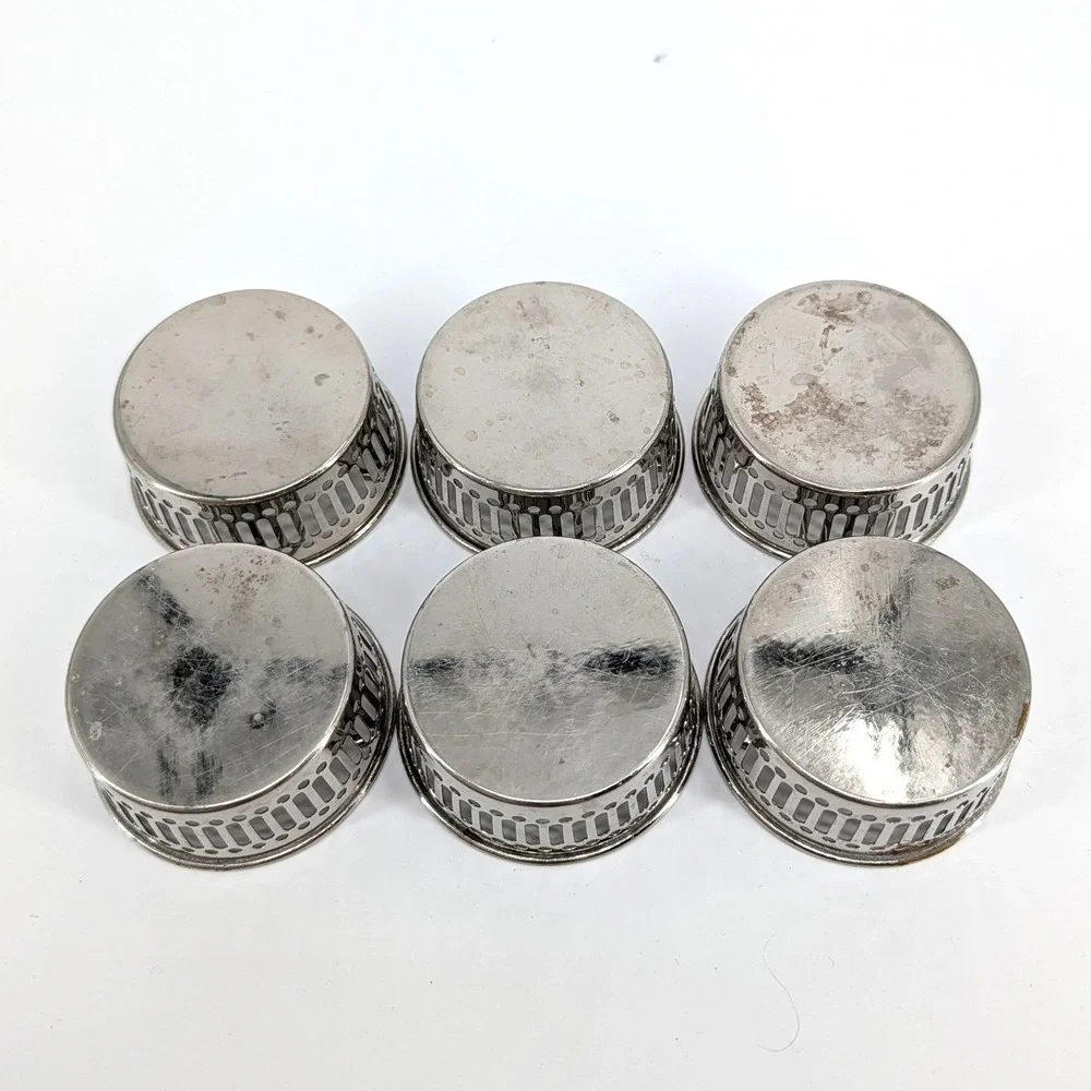 Vintage Silver Tone Metal Pierced Glass Holders Coasters Nuts Set of 6 3 Inch